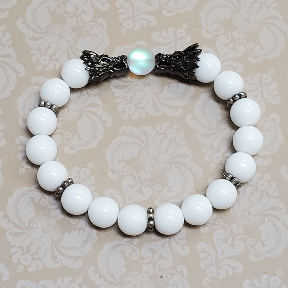 White Jade Type Glass Orb Dragon Crystal Beaded Bracelet